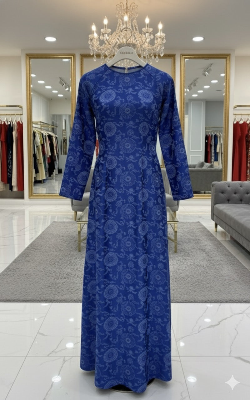 H283 1474 Áo only - Áo dài lụa gấm mềm màu xanh dương