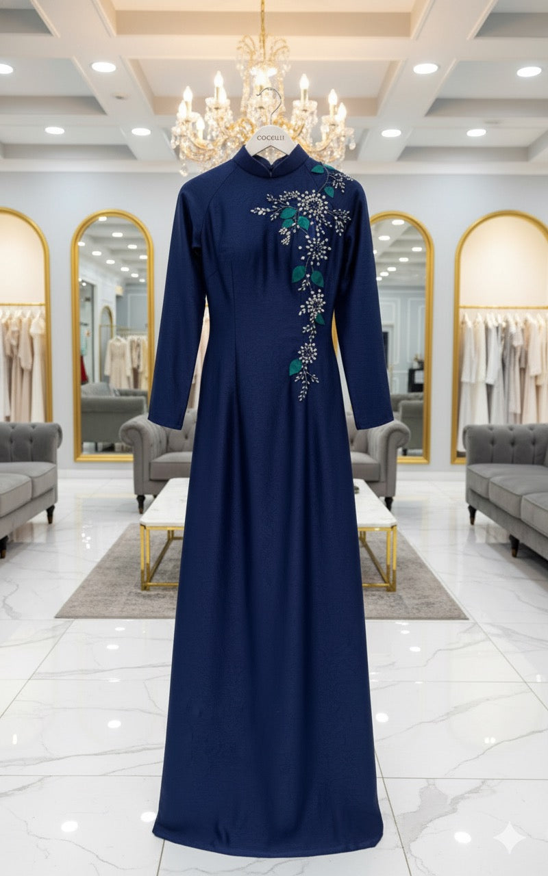 S213 1487 Áo + quần - Áo dài lụa hà lan đính kết màu xanh