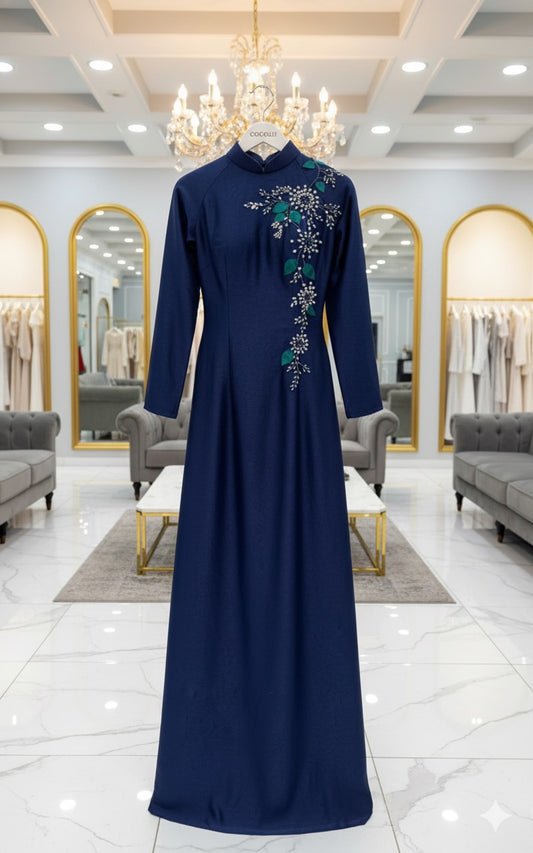 S213 1487 Áo + quần - Áo dài lụa hà lan đính kết màu xanh