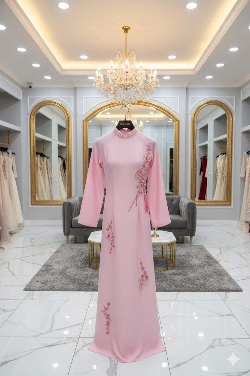 H290 1481 Áo + quần - Áo dài lụa mỹ đính hoa rơi màu hồng phấn + quần cùng màu