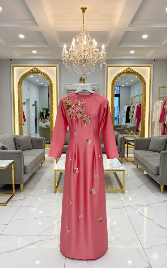 H293 1484 Áo only - Áo dài lụa valentino thêu hoa đào màu hồng