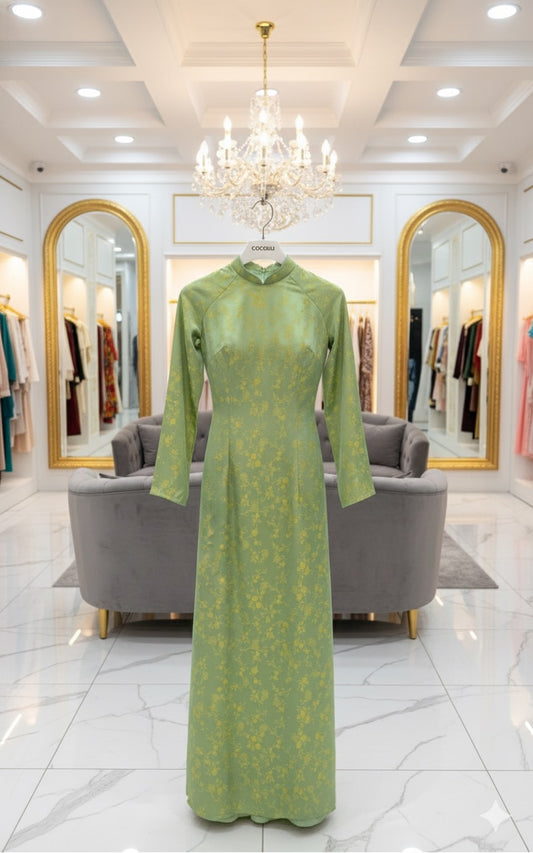 H279 1470 Áo only - Áo dài lụa 2 da màu cốm nhạt