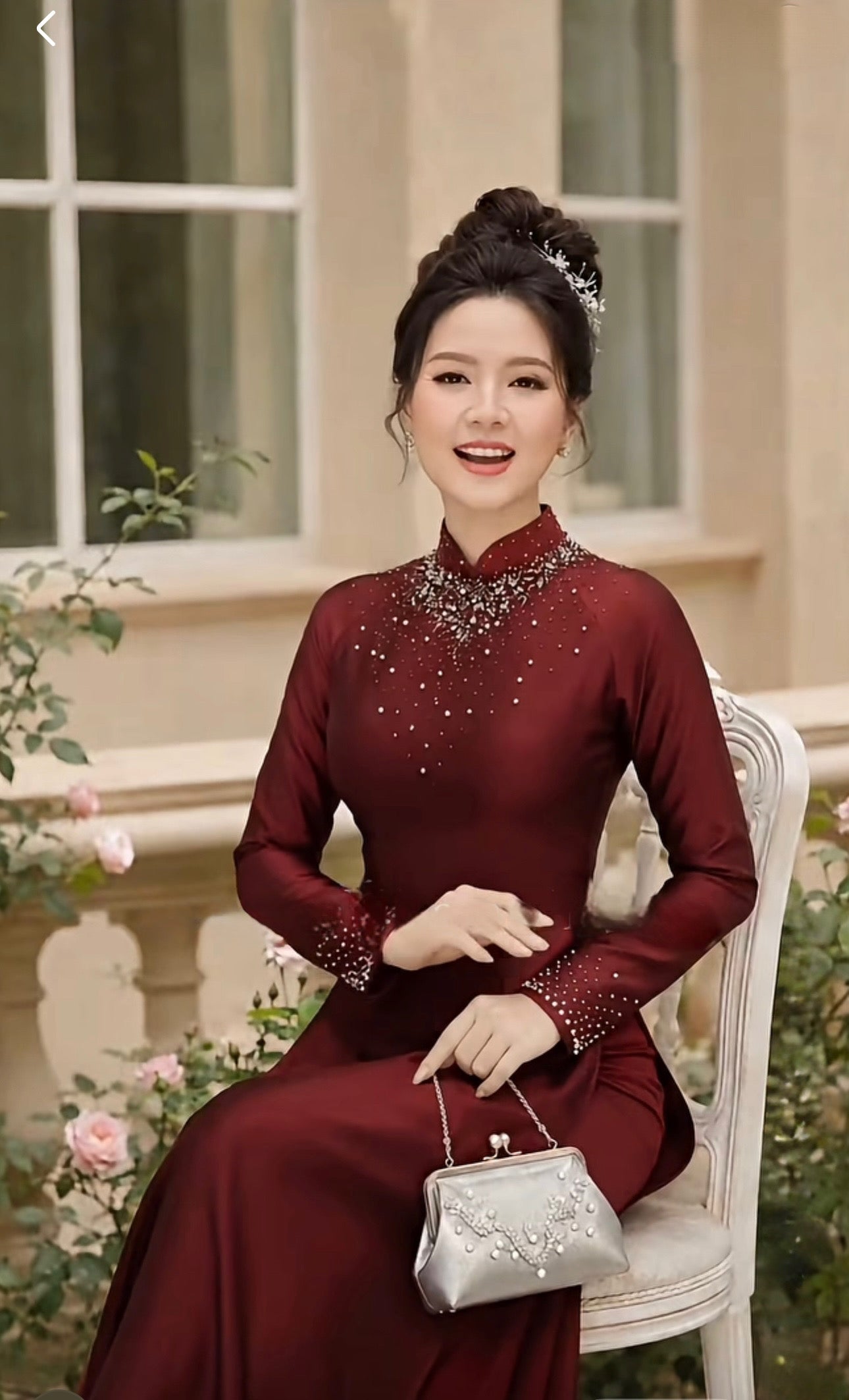 S398 Áo only no pants - Áo dài chiết eo lụa bảo ngọc đính kết màu đỏ đô