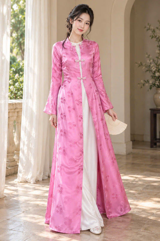 Y112 6158 - Only choàng lụa gấm tam liên màu hồng