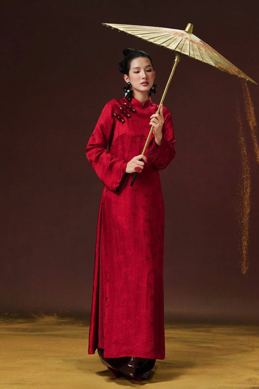 HD132 4004 Áo only no pants - Áo dài lụa nha xá 4 tà màu đỏ