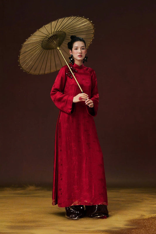 HD132 4004 Áo only no pants - Áo dài lụa nha xá 4 tà màu đỏ