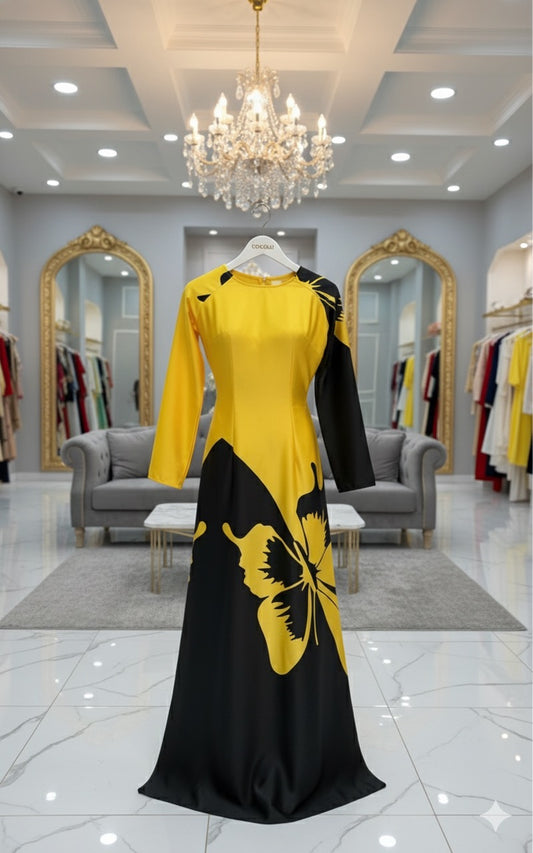 H305 1519 Áo only - Áo dài lụa ánh sao thiết kế màu vàng tươi