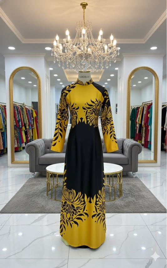 H308 1521 Áo only - Áo dài lụa ánh sao thiết kế 2 da màu vàng đen