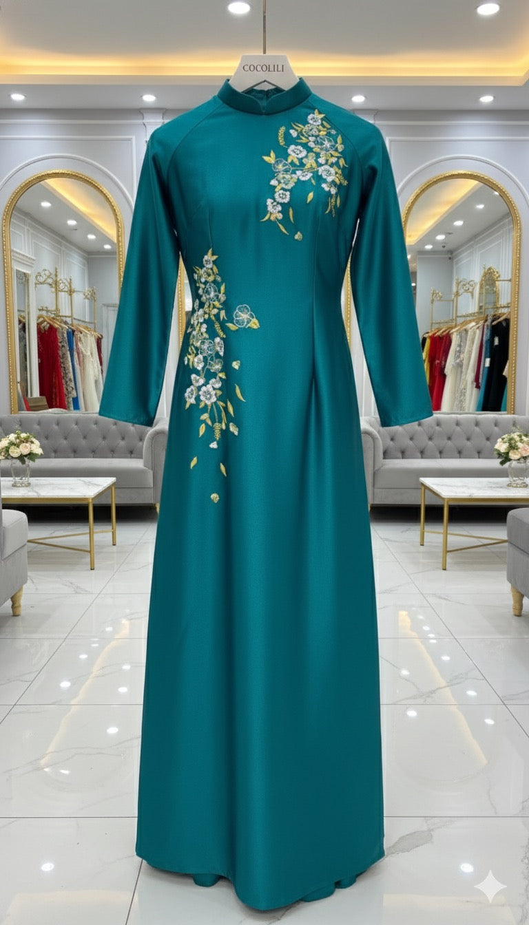 H294 1485 Áo only - Áo dài lụa valenino thêu hoa màu xanh chai