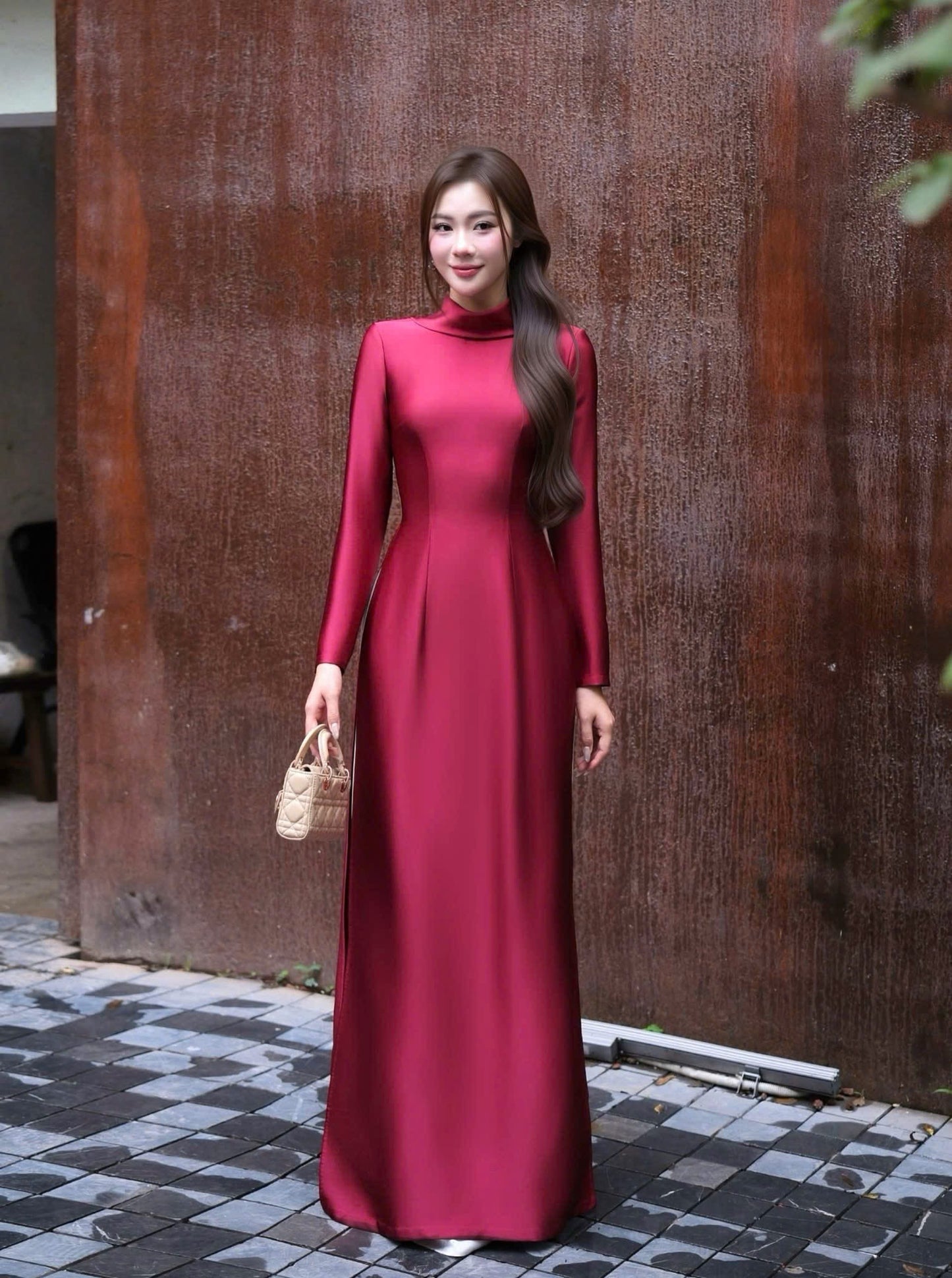 H793 4283 Áo only no pants - Áo dài dáng truyền thống chiết li eo cổ cách điệu màu đỏ đậm