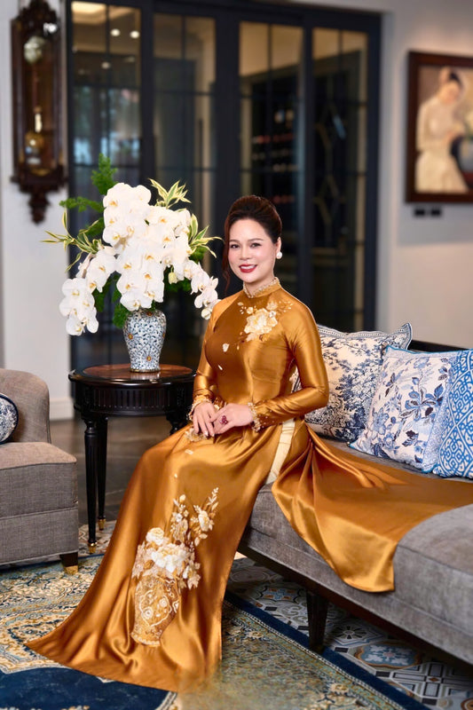 T493 Áo only - Áo dài lụa ruby màu vàng đồng thêu hoa