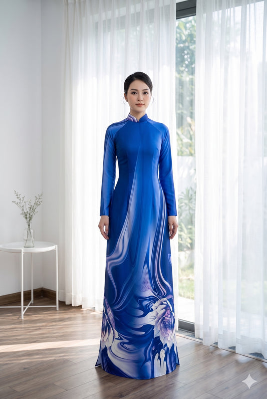 H660 Áo only no pants - Áo dài dáng truyền thống chiết li eo lụa ánh sao thiết kế màu xanh coban