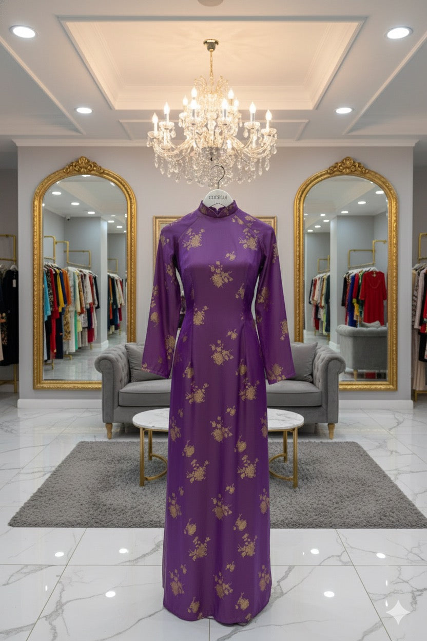 H274 1465 Áo only - Áo dài tơ tằm 2 da tím ánh vàng