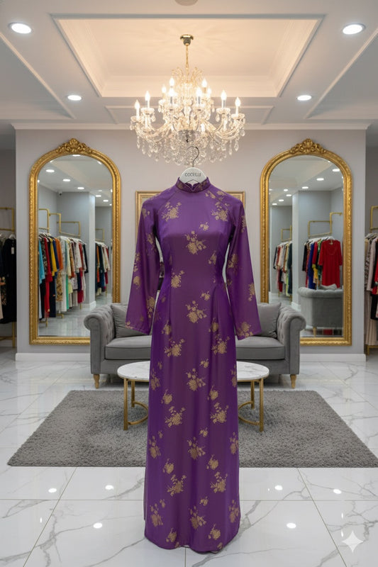 H274 1465 Áo only - Áo dài tơ tằm 2 da tím ánh vàng