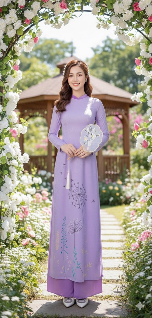 H183 1301 Áo only - Áo dài lụa hoa mai in 3D màu tím cà