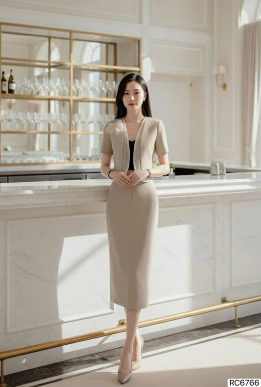 DRESS Ds6766 Set áo khoác + chân váy+ cài hoa