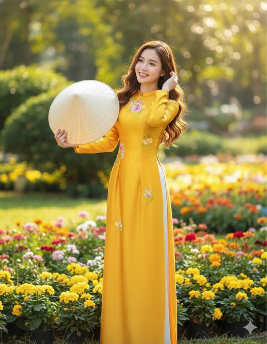 H292 1483 Áo only - Áo dài lụa valentino thêu hoa màu vàng