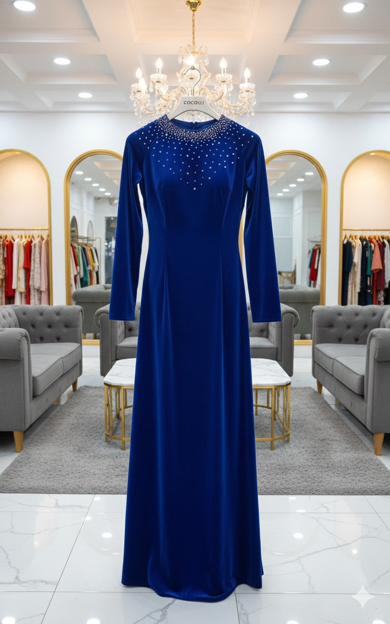 H326 Áo only - Áo dài nhung đính kết cổ màu xanh coban