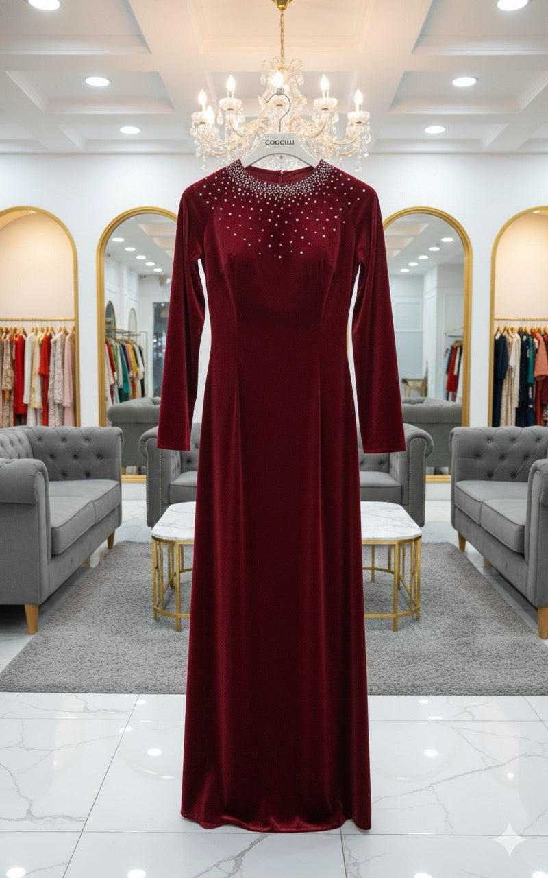 H327 Áo only - Áo dài nhung đính kết cổ màu đỏ đô