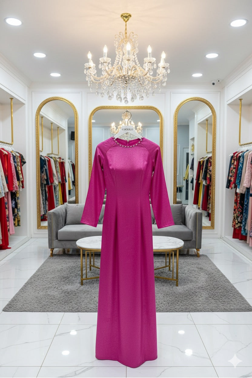 H336 Áo only - Áo dài lụa sa mạc nhà Cẩm Tú đính kết cổ màu hồng sen