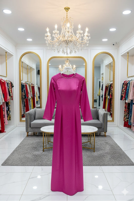 H336 Áo only - Áo dài lụa sa mạc nhà Cẩm Tú đính kết cổ màu hồng sen