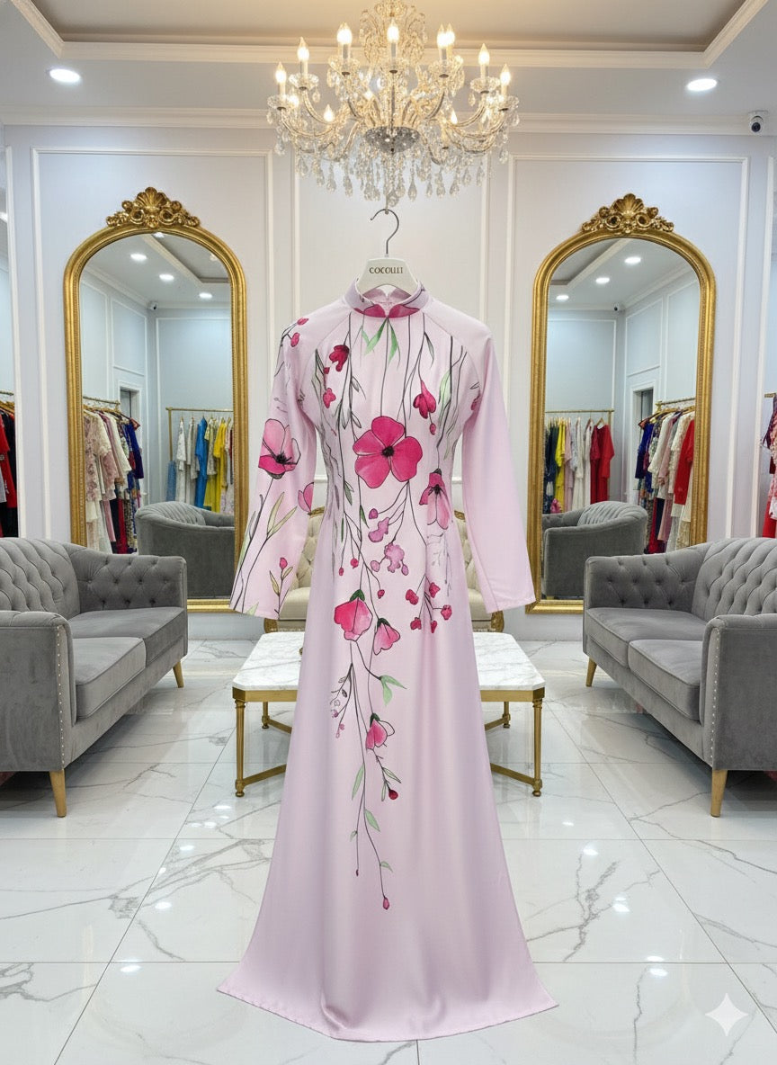 H335 Áo only - Áo dài lụa ánh sao thiết kế in hoa