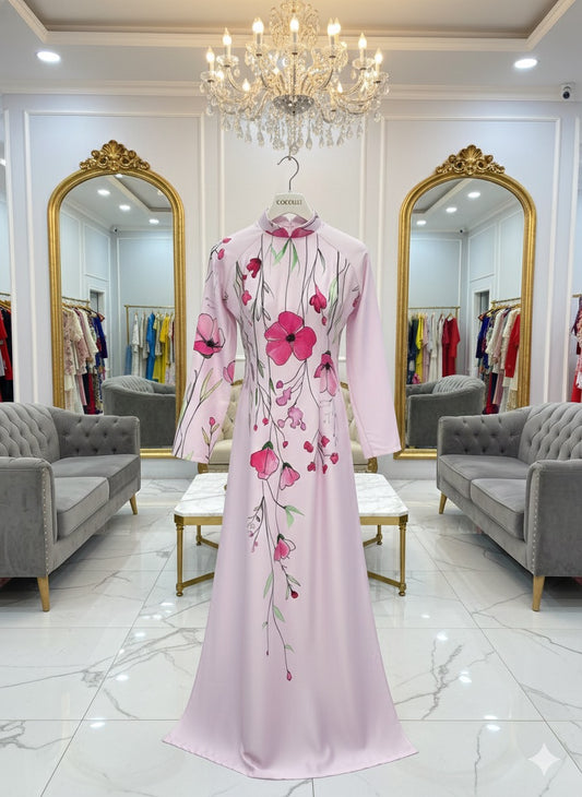 H335 Áo only - Áo dài lụa ánh sao thiết kế in hoa