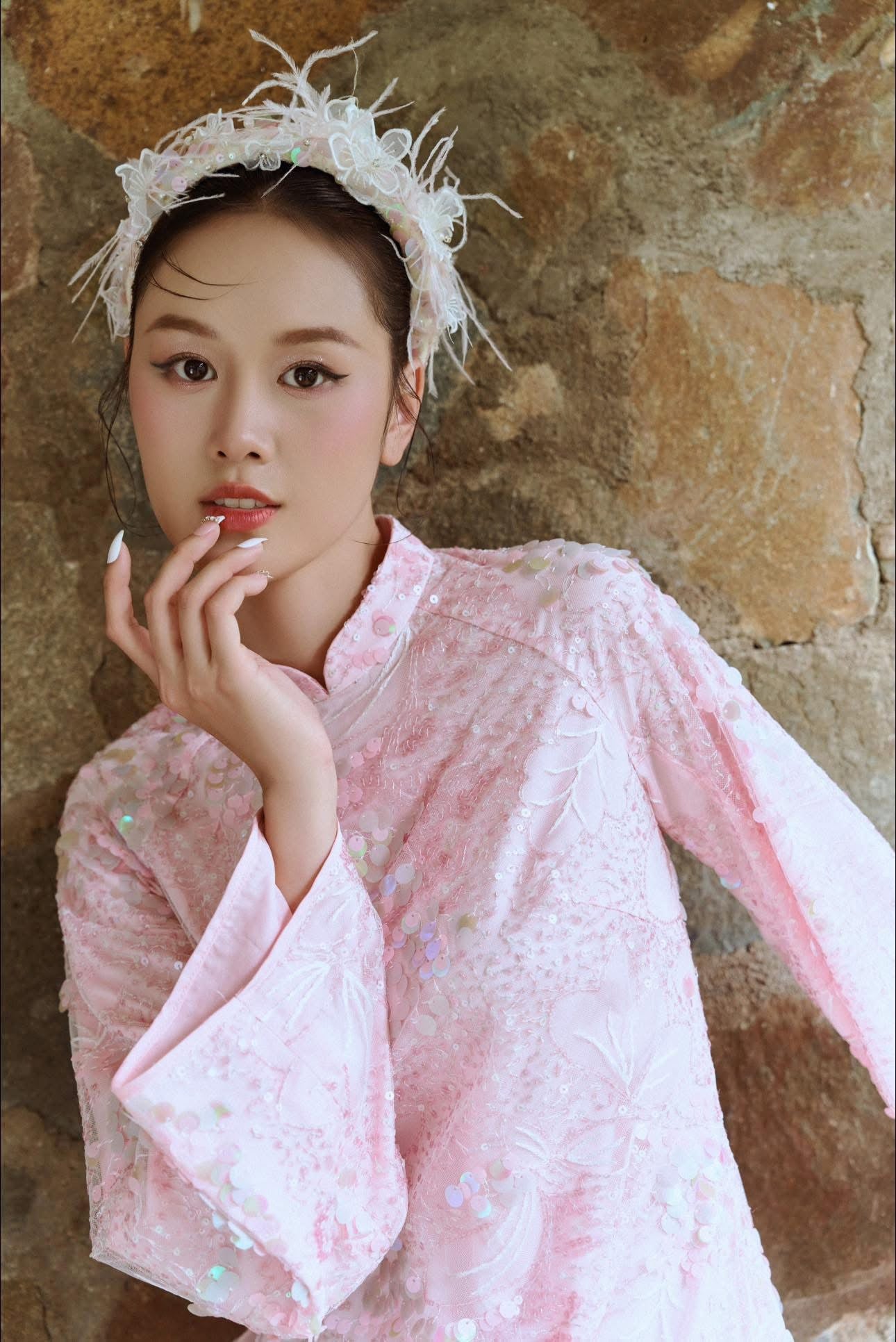 H510 2117 Áo only -  Áo dài kim sa hồng phấn 4 tà