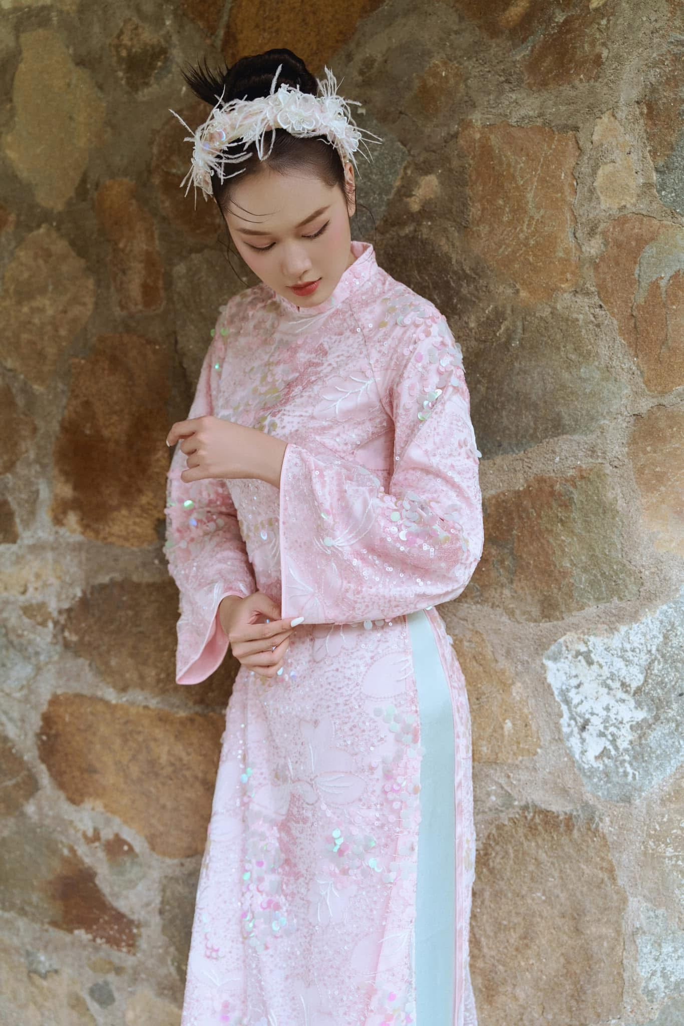 H510 2117 Áo only -  Áo dài kim sa hồng phấn 4 tà