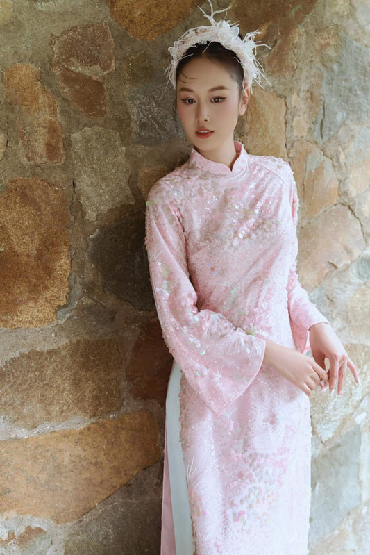 H510 2117 Áo only - Áo dài kim sa hồng phấn 4 tà