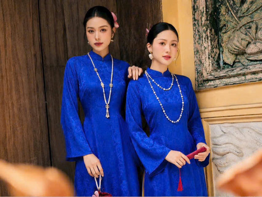H838 4343 Áo only no pants - Áo dài truyền thống chiết li eo lụa sen màu xanh coban