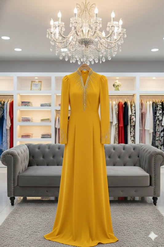 S218 Áo only - Áo dài lụa mỹ đính kết màu vàng