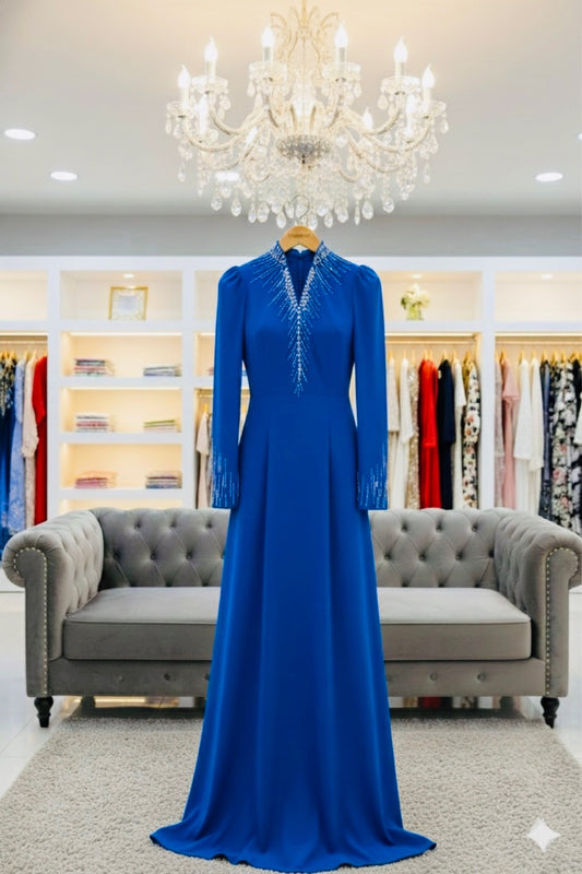 S219 Áo only - Áo dài lụa mỹ đính kết màu xanh coban