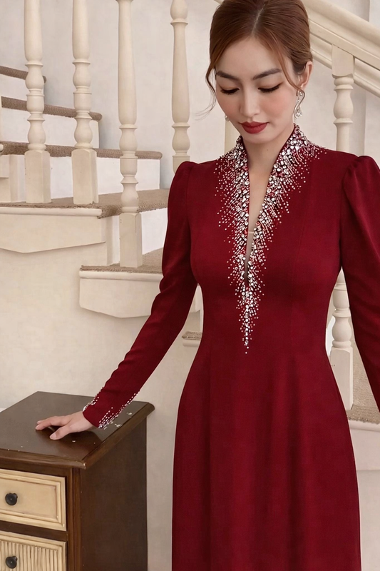 S207 Áo only - Áo dài lụa mỹ đính cổ