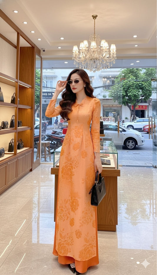 H362 1643 Áo only - Áo dài lụa gấm cổ tim màu cam