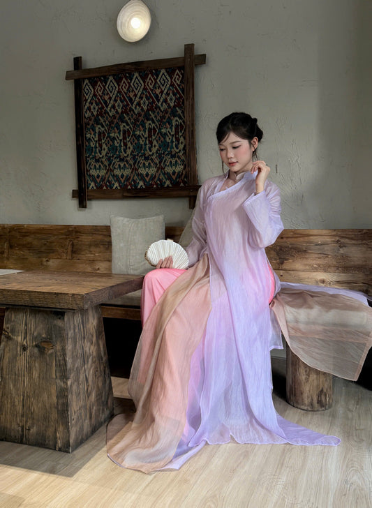 M632 6407 Áo + choàng + quần - Áo dài dáng suông tơ nâu choàng tím