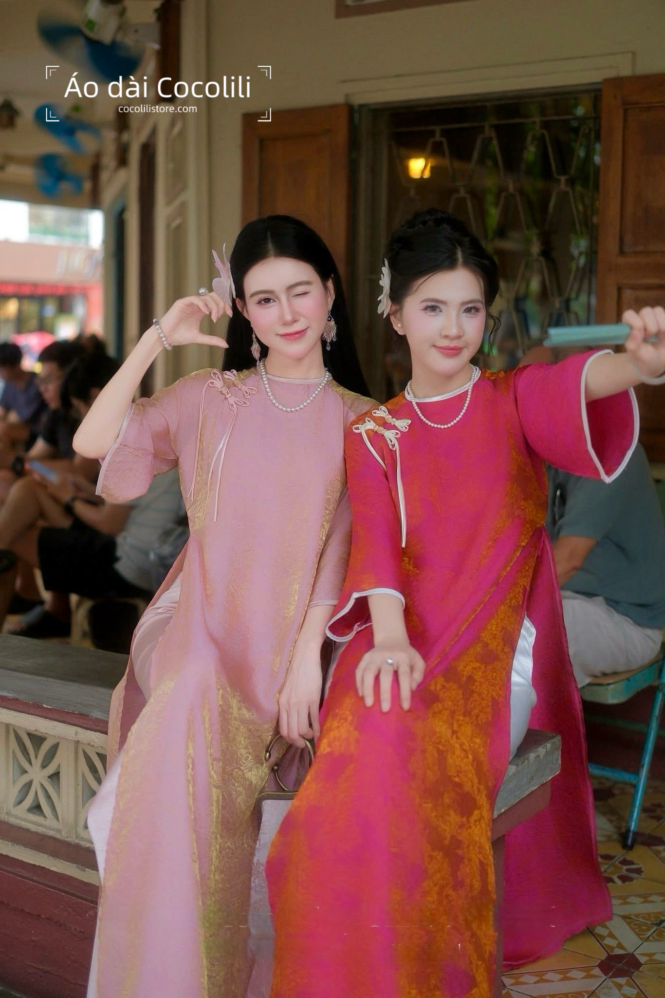 Màu hồng sen M313 2342 áo + quần lụa trắng - Áo dài dáng suông 2 tà tằm tencel đính nơ