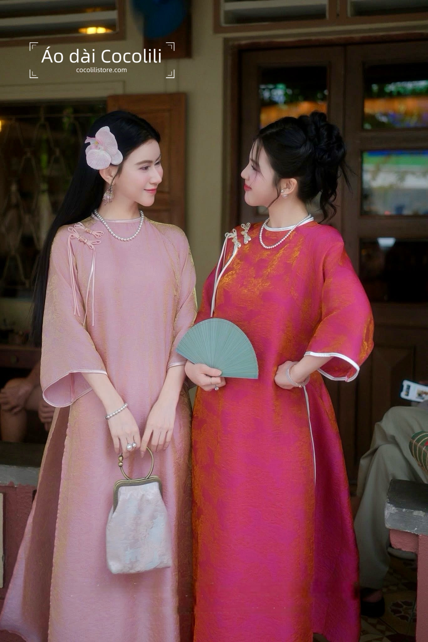 Màu hồng sen M313 2342 áo + quần lụa trắng - Áo dài dáng suông 2 tà tằm tencel đính nơ