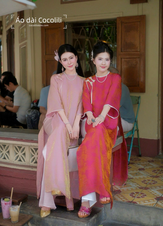 Màu hồng sen M313 2342 áo + quần lụa trắng - Áo dài dáng suông 2 tà tằm tencel đính nơ