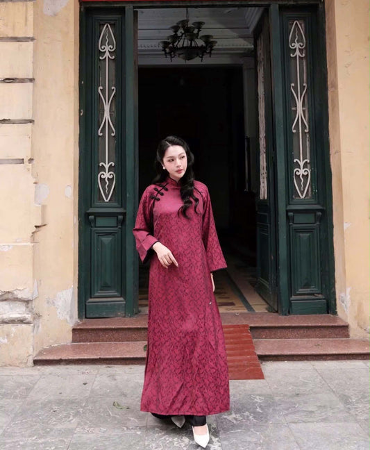 K89 Áo only no pants - Áo dài dáng suông lụa gấm lông công màu đỏ