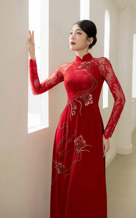 S241 1917 Áo only - Áo dài thiết kế tay ren đính kết màu đỏ