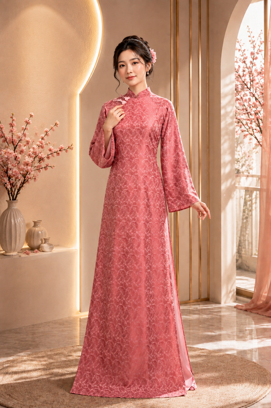 K151 5393 Áo only no pants - Áo dài dáng suông lụa gấm lông công