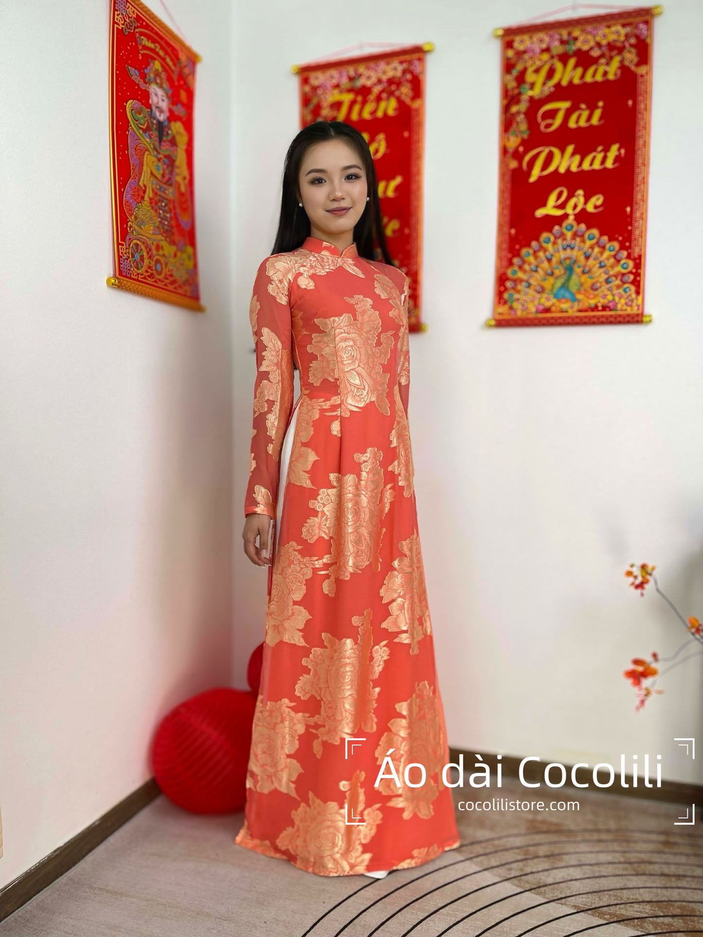H542 Áo only - Áo dài 4 tà tơ silk màu cam