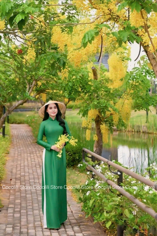 T445 only áo - Áo dài lụa ruby Xanh Lá