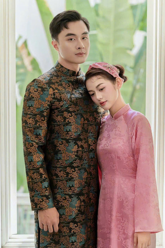 B89- Áo dài nam gấm dệt thuỷ mặc màu Đen Xanh