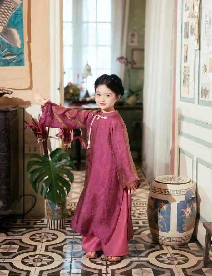 BG127 Áo + quần - Set áo dài bé gái lụa ánh kim tencel