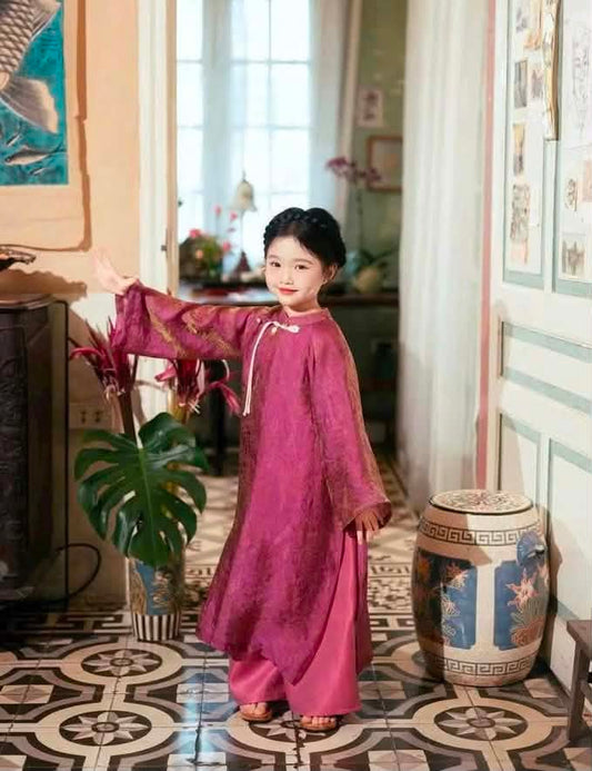 BG127 5490 Áo + quần - Set áo dài bé gái lụa ánh kim tencel