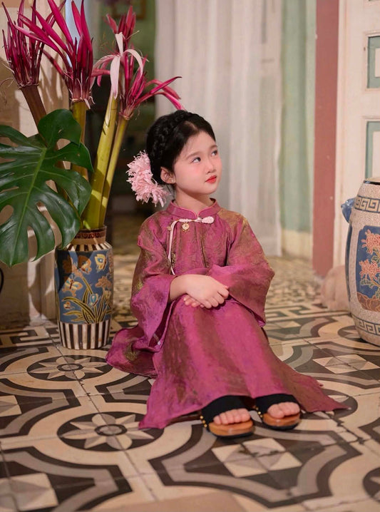 BG127 5490 Áo + quần - Set áo dài bé gái lụa ánh kim tencel