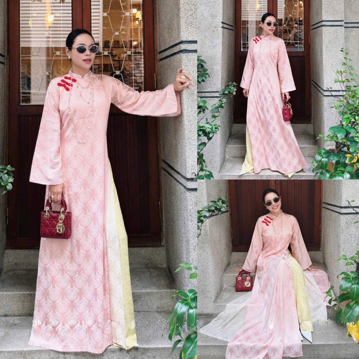 M255 2082 Áo + quần - Áo dài dáng suông 4 tà gấm thọ dơi kèm quần cùng chất