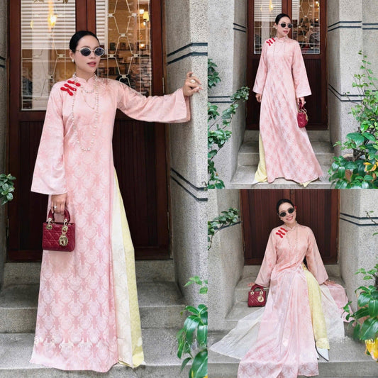 M255 2082 Áo + quần - Áo dài dáng suông 4 tà gấm thọ dơi kèm quần cùng chất